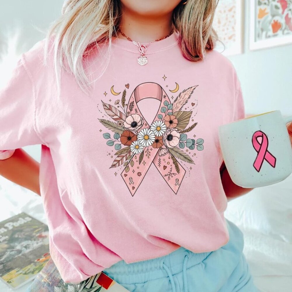 Breast Cancer Awareness Shirt, Pink Ribbon Graphic Shirt, Support Hope Love Tee